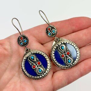 Afghan Earrings, Cobalt Blue, Glass,Middle Eastern, Boho, Kuchi, Gypsy, Vintage